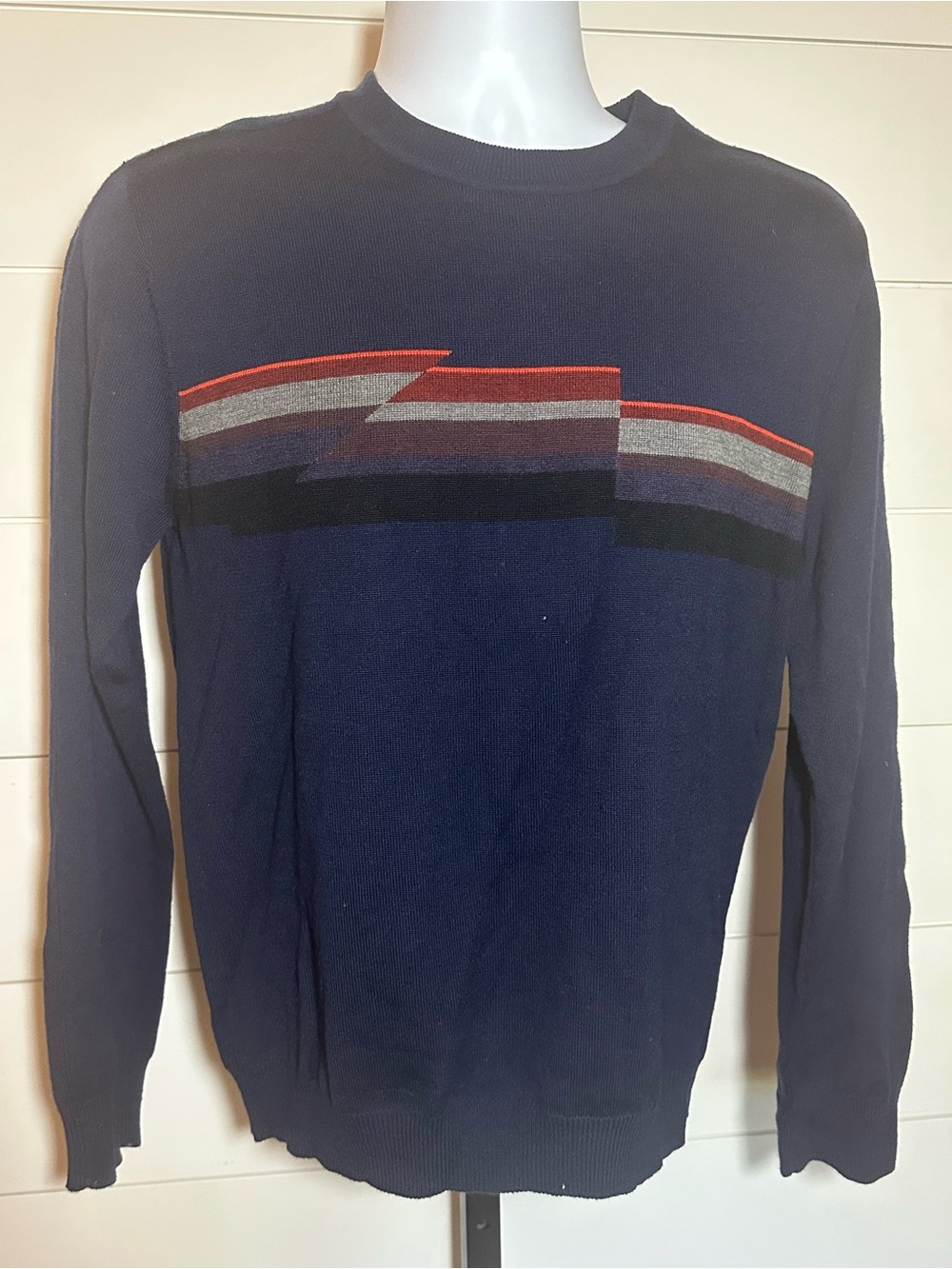 Men's Navy Crewneck Sweater with Multicolor Stripe